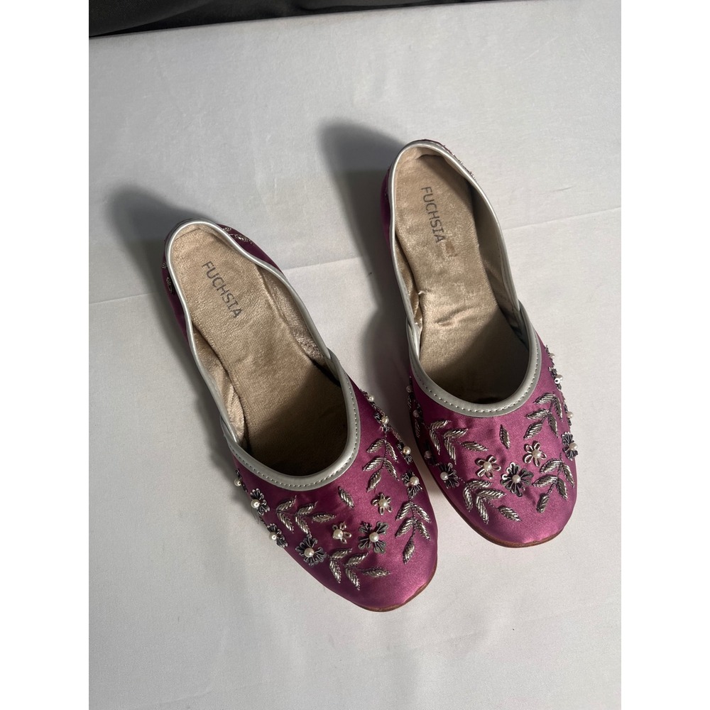 FUCHSIA Handmade Embroidered Khussa Mule Flats Women's Size 8R Purple Pearl